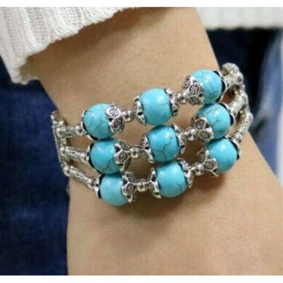 Women Turquoise Bead Bracelet 3-Ply Tibetan Silver Wrap‎ Cuff.       SKD4 - Picture 1 of 5